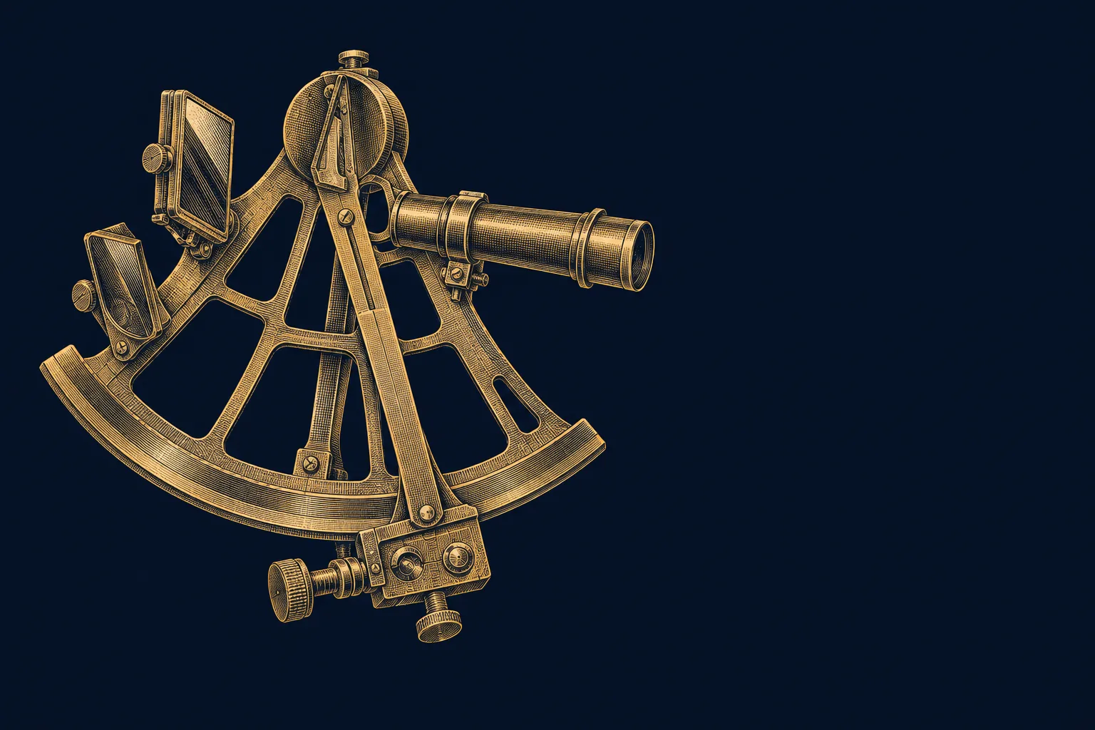 An engraved sextant, arc and index bar drawn in fine gold linework.