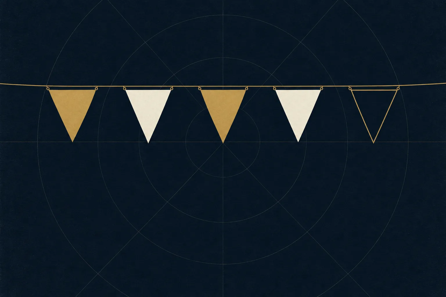 Five signal pennants on a halyard, four solid and the fifth shown as an outline only.